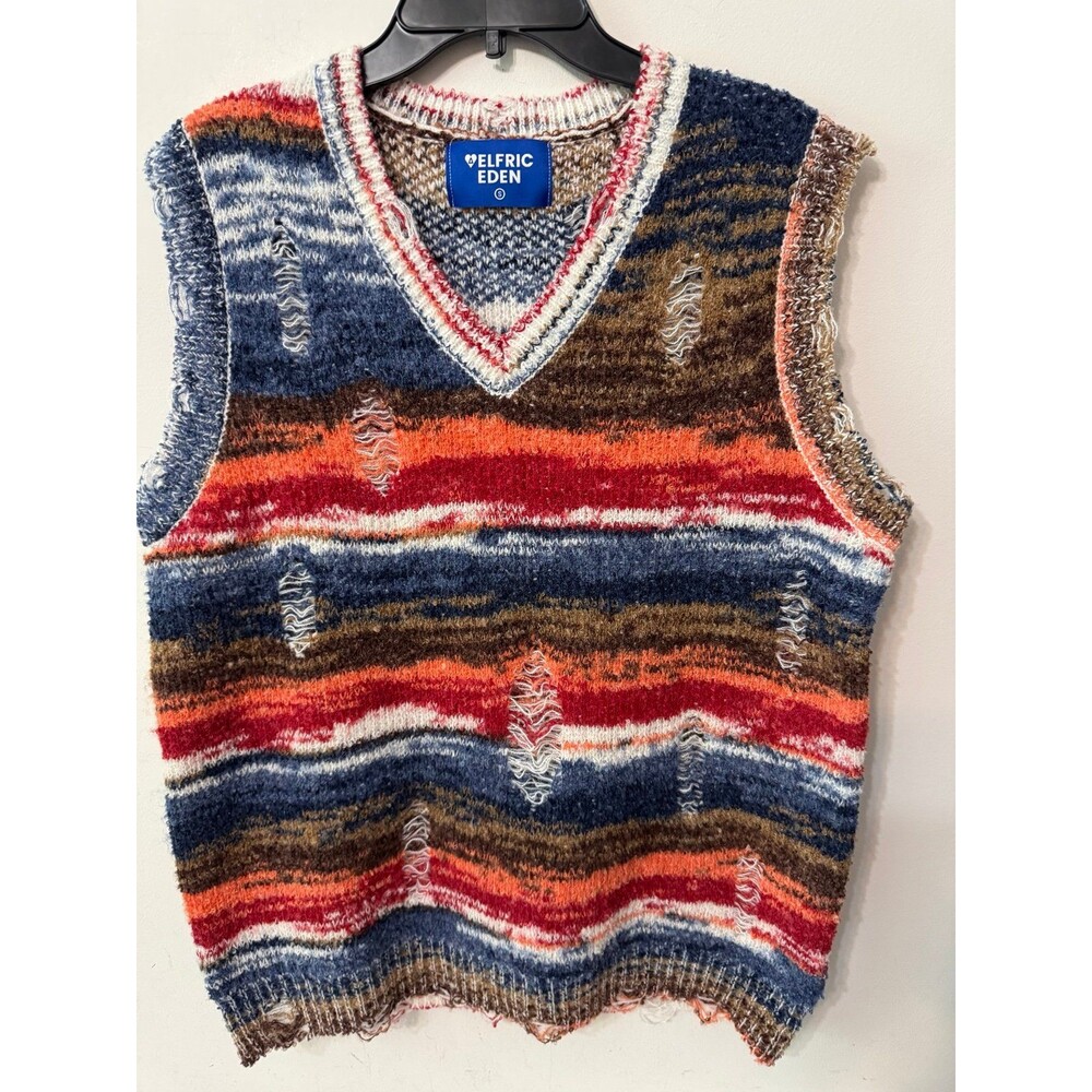 ElFric Eden Striped Distressed V-Neck VEST grunge knitwear boho nwot Small